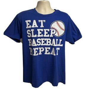 Vintage Blue White Graphic T-Shirt Large Unisex Cotton Eat Sleep Baseball Repeat